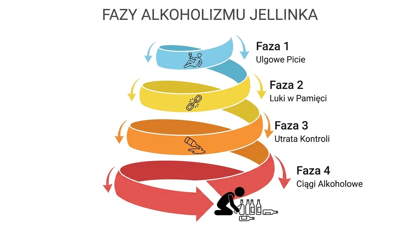 Obraz przedstawiający schematyczną, zstępującą spiralę podzieloną na cztery kolorowe segmenty, reprezentujące cztery fazy alkoholizmu Jellinka. Każdy segment ma ikonę i krótką etykietę: 'Ulgowe Picie' (Faza 1), 'Luki w Pamięci' (Faza 2), 'Utrata Kontroli' (Faza 3), 'Ciągi Alkoholowe' (Faza 4). Grafika jest czysta i informacyjna.