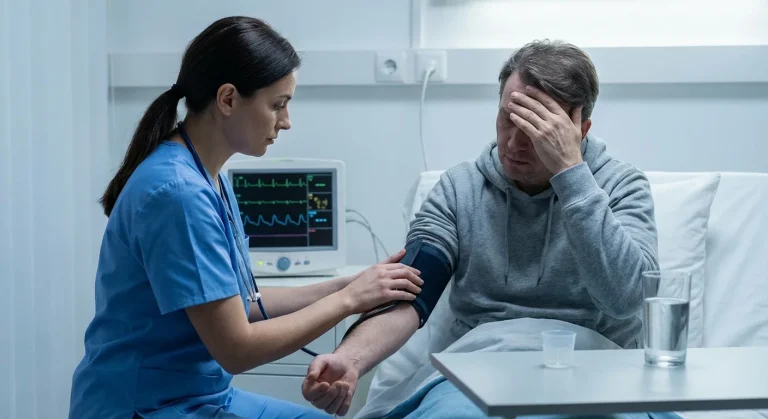 Lekarka mierzy ciśnienie krwi mężczyźnie z objawami odstawienia alkoholu w szpitalu. Pacjent trzyma się za głowę z bólu.