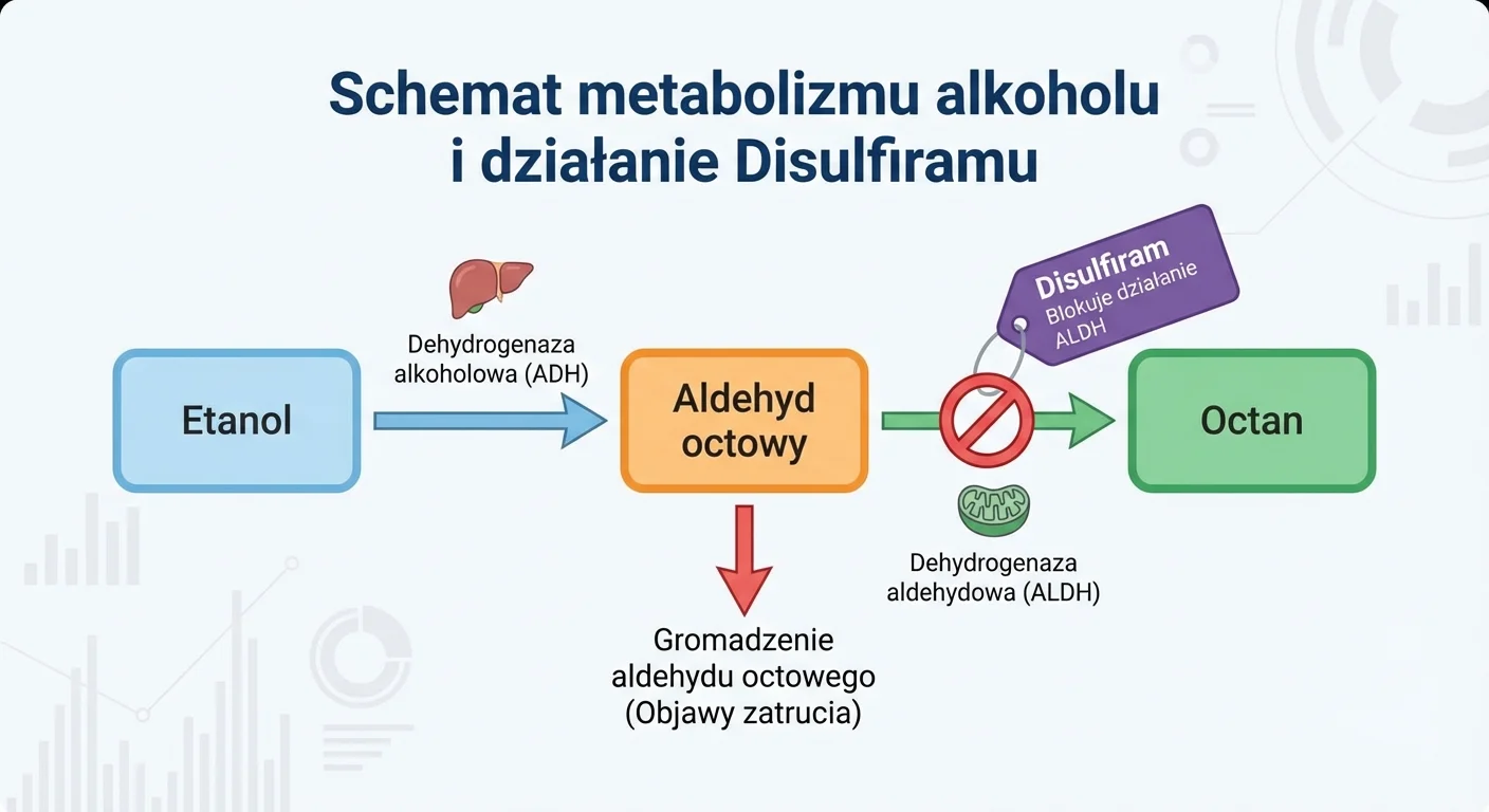 Grafika przedstawiająca schemat biochemiczny metabolizmu alkoholu z zaznaczeniem miejsca, w którym działa Disulfiram, blokując enzym dehydrogenazę aldehydową.