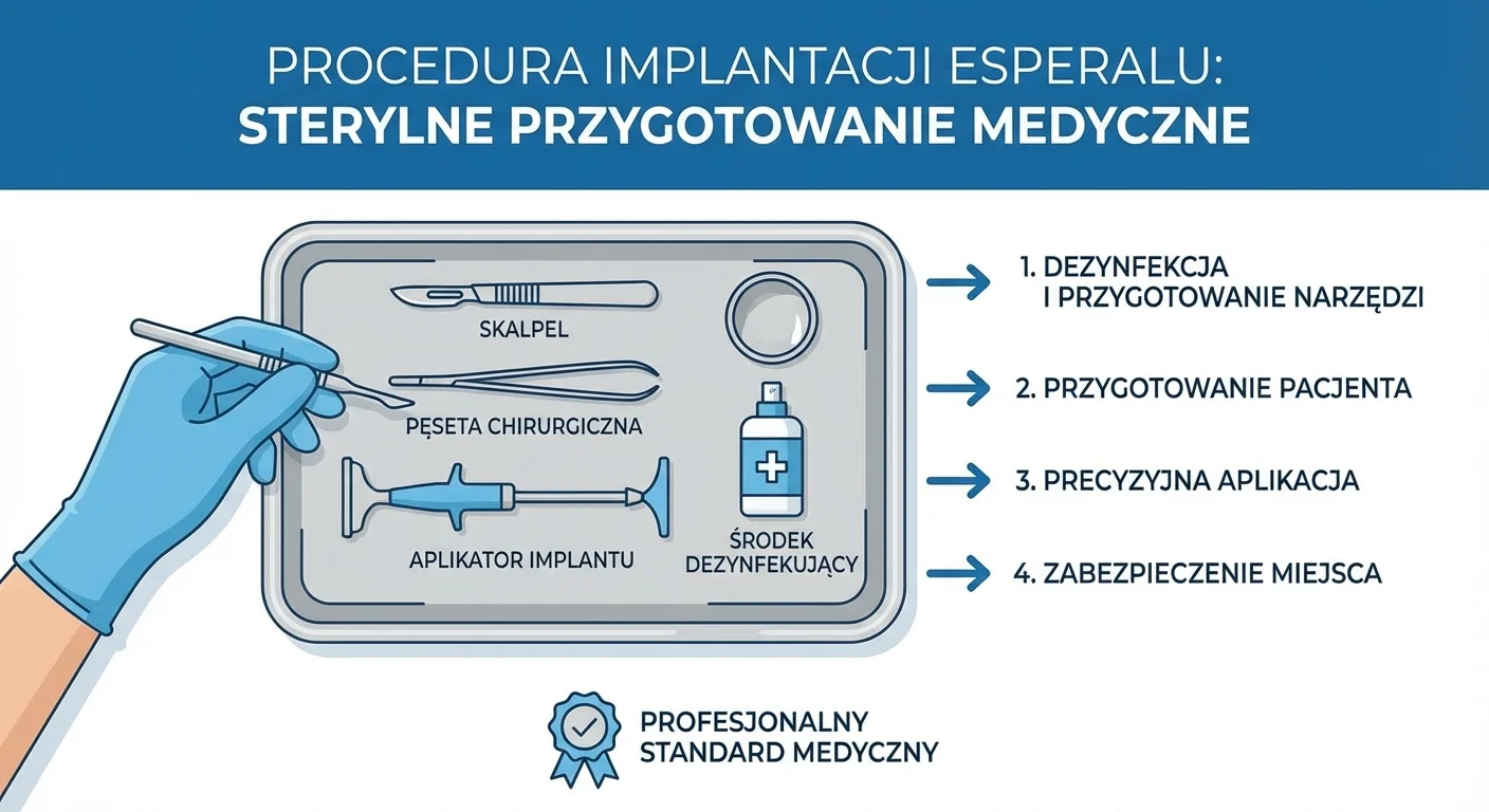 Zdjęcie ukazujące sterylne narzędzia chirurgiczne przygotowane do zabiegu implantacji Esperalu, co podkreśla medyczny i profesjonalny charakter procedury.