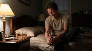 Cierpiący mężczyzna trzyma się za bolącą stopę, siedząc na łóżku w słabo oświetlonym pokoju obok szafki nocnej ze szklanką alkoholu i lekami.