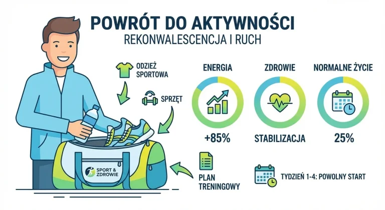 Osoba z uśmiechem pakuje torbę sportową. Scena jest jasna i pełna energii, symbolizując powrót do zdrowia, aktywności i normalnego życia po okresie rekonwalescencji.