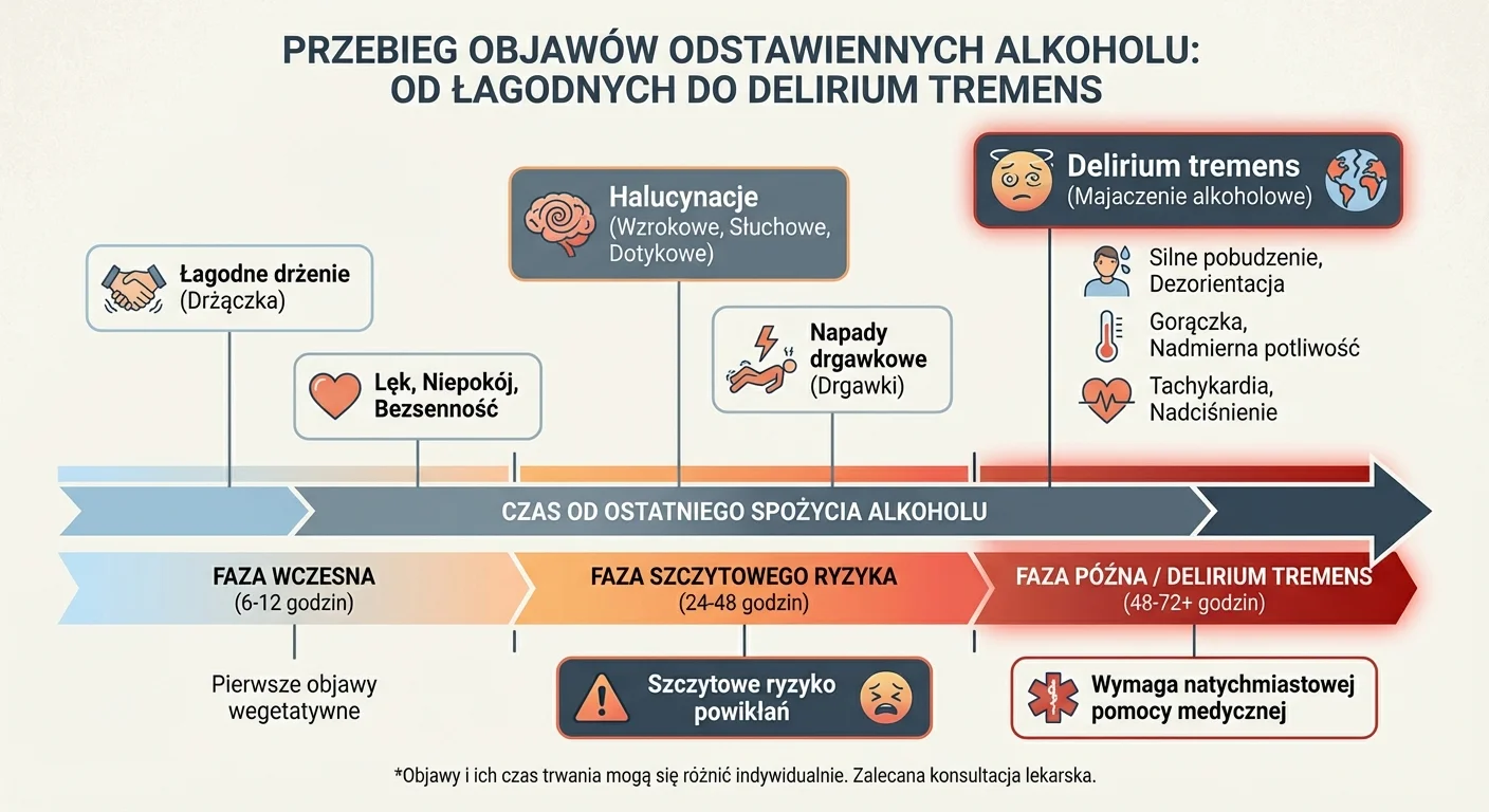 an infographic or diagram showing the timeline of alcohol withdrawal symptoms, from mild tremors to the peak risk period for delirium tremens.