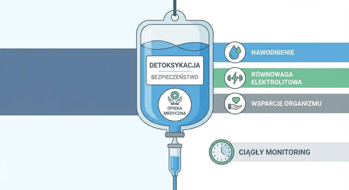 a calm, professional medical setting, perhaps a close-up of an IV drip bag with fluids, symbolizing safety and medical care during detox.