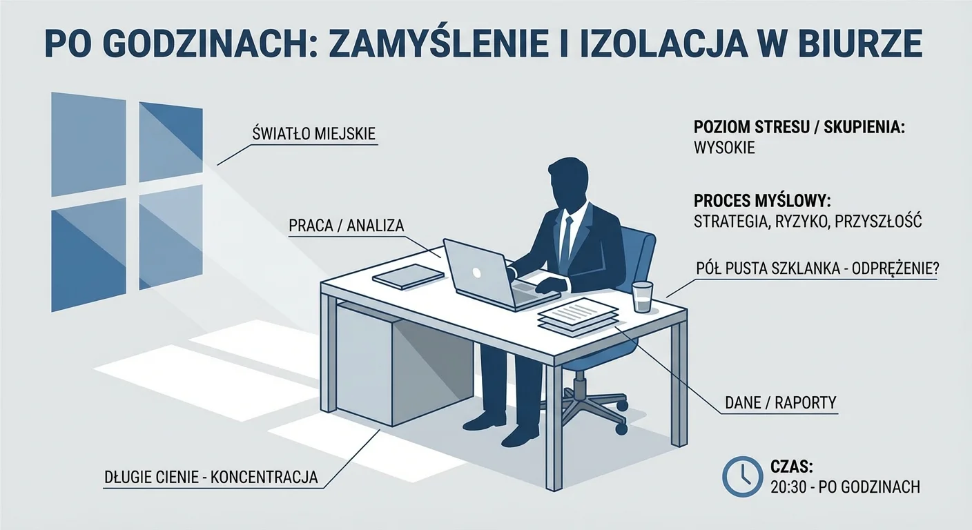 Zdjęcie przedstawiające samotną sylwetkę mężczyzny w eleganckim ubraniu, siedzącego przy biurku w nowoczesnym biurze po godzinach. Na biurku stoi laptop, dokumenty i na wpół pusta szklanka z bursztynowym płynem. Światło z zewnątrz rzuca długie cienie, tworząc atmosferę zamyślenia i izolacji.