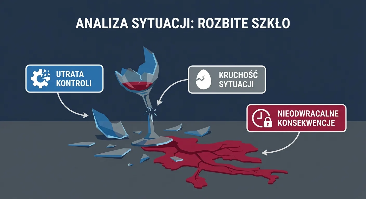 Artystyczne ujęcie rozbitego kieliszka do wina na ciemnym tle. Odłamki szkła są rozrzucone, a resztki czerwonego wina tworzą plamę przypominającą mapę. Obraz symbolizuje utratę kontroli, kruchość sytuacji i nieodwracalne konsekwencje.