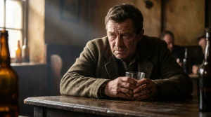 OdoKlinika Poznań. Wszywka Esperal Poznań Klinika terapii uzależnień. Wszywka Esperal, Leczenie alkoholizmu w Poznaniu Zmęczony starszy mężczyzna trzyma szklankę z alkoholem, siedząc samotnie przy drewnianym stole w ciemnym pubie.