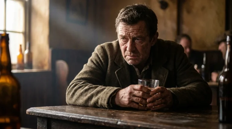 Zmęczony starszy mężczyzna trzyma szklankę z alkoholem, siedząc samotnie przy drewnianym stole w ciemnym pubie.
