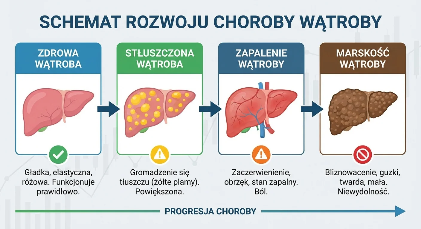 OdoKlinika Poznań. Wszywka Esperal Poznań Klinika terapii uzależnień. Wszywka Esperal, Leczenie alkoholizmu w Poznaniu Schematyczna grafika pokazująca cztery stadia wątroby: zdrową, różową i gładką; wątrobę stłuszczoną z widocznymi żółtymi plamami tłuszczu; wątrobę objętą zapaleniem z zaczerwienieniem i obrzękiem; oraz wątrobę marską, która jest mała, twarda, guzkowata i brązowa.