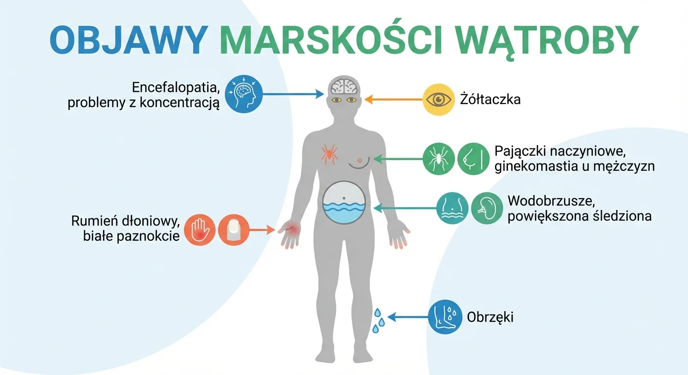 OdoKlinika Poznań. Wszywka Esperal Poznań Klinika terapii uzależnień. Wszywka Esperal, Leczenie alkoholizmu w Poznaniu Infografika przedstawiająca ludzką sylwetkę z zaznaczonymi miejscami występowania objawów marskości wątroby. Strzałki wskazują na: głowę (encefalopatia, problemy z koncentracją), oczy (żółtaczka), klatkę piersiową (pajączki naczyniowe, ginekomastia u mężczyzn), dłonie (rumień dłoniowy, białe paznokcie), brzuch (wodobrzusze, powiększona śledziona) i nogi (obrzęki).