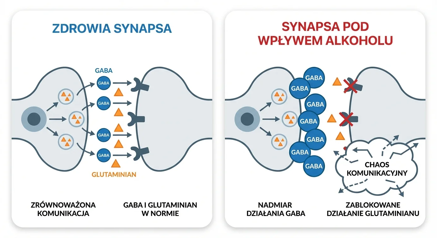 Schematyczna ilustracja dwóch neuronów połączonych synapsą. Po lewej stronie zdrowa synapsa z zrównoważonym poziomem neuroprzekaźników GABA i glutaminianu. Po prawej stronie synapsa pod wpływem alkoholu, z nadmiarem działania GABA i zablokowanym działaniem glutaminianu, co wizualnie przedstawia chaos komunikacyjny.