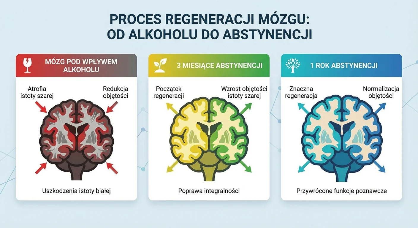 Grafika przedstawiająca przekrój mózgu w trzech etapach. Pierwszy to Mózg pod wpływem alkoholu - skurczony, z widocznymi obszarami atrofii. Drugi to 3 miesiące abstynencji - mózg zaczyna odzyskiwać objętość. Trzeci to 1 rok abstynencji - mózg jest znacznie zdrowszy, niemal wraca do normy, co symbolizuje proces regeneracji.