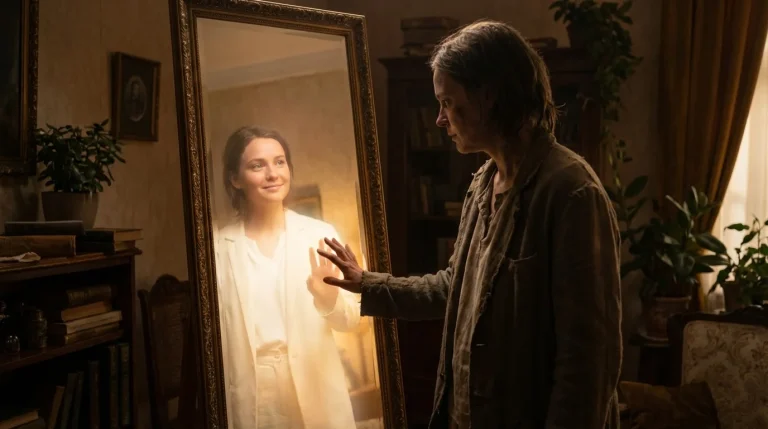 Kobieta w podniszczonym ubraniu patrzy w lustro, w którym widzi swoje zdrowe, uśmiechnięte odbicie w bieli.