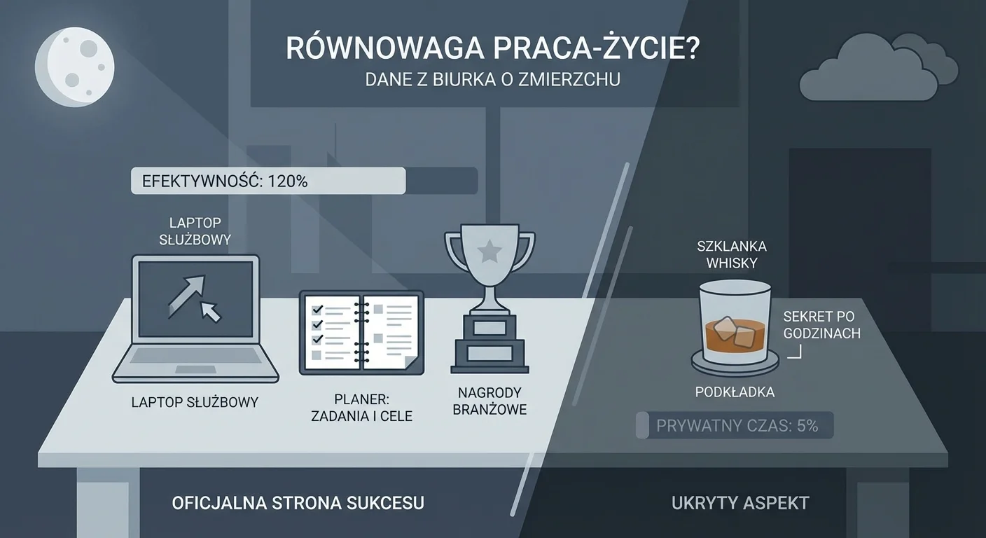 A sleek, modern office desk at dusk. On one side, there's a laptop, a planner, and awards. On the other side, partially hidden in the shadow, is a glass of whiskey on a coaster. The image should convey success and a hidden secret.
