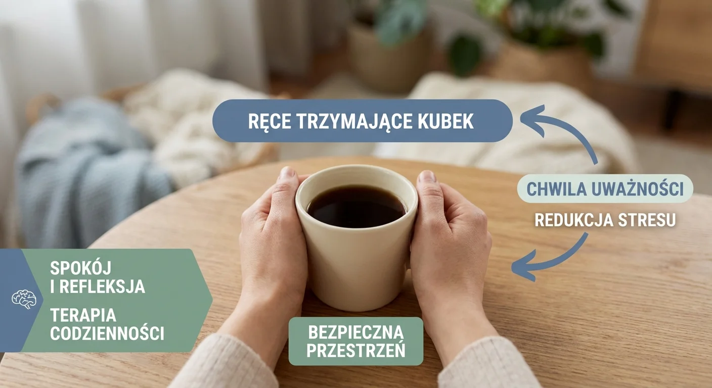 A person's hands holding a simple ceramic mug, seen from above. The background is slightly blurred, suggesting a calm, reflective moment in a quiet, safe space like a therapy room or a peaceful home.