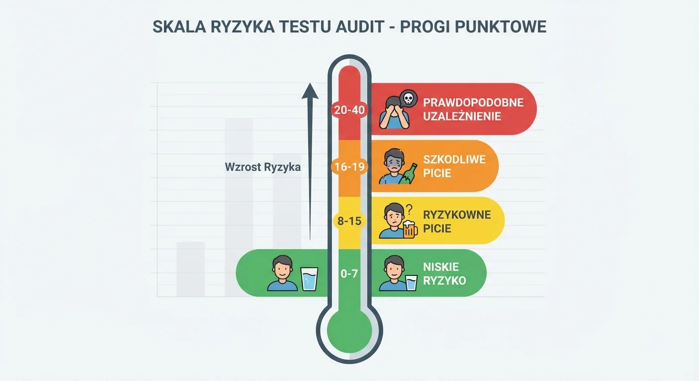 OdoKlinika Poznań. Wszywka Esperal Poznań Klinika terapii uzależnień. Wszywka Esperal, Leczenie alkoholizmu w Poznaniu Grafika przedstawiająca stylizowaną skalę lub termometr z czterema kolorowymi strefami ryzyka (zielona, żółta, pomarańczowa, czerwona) odpowiadającymi progom punktowym testu AUDIT.