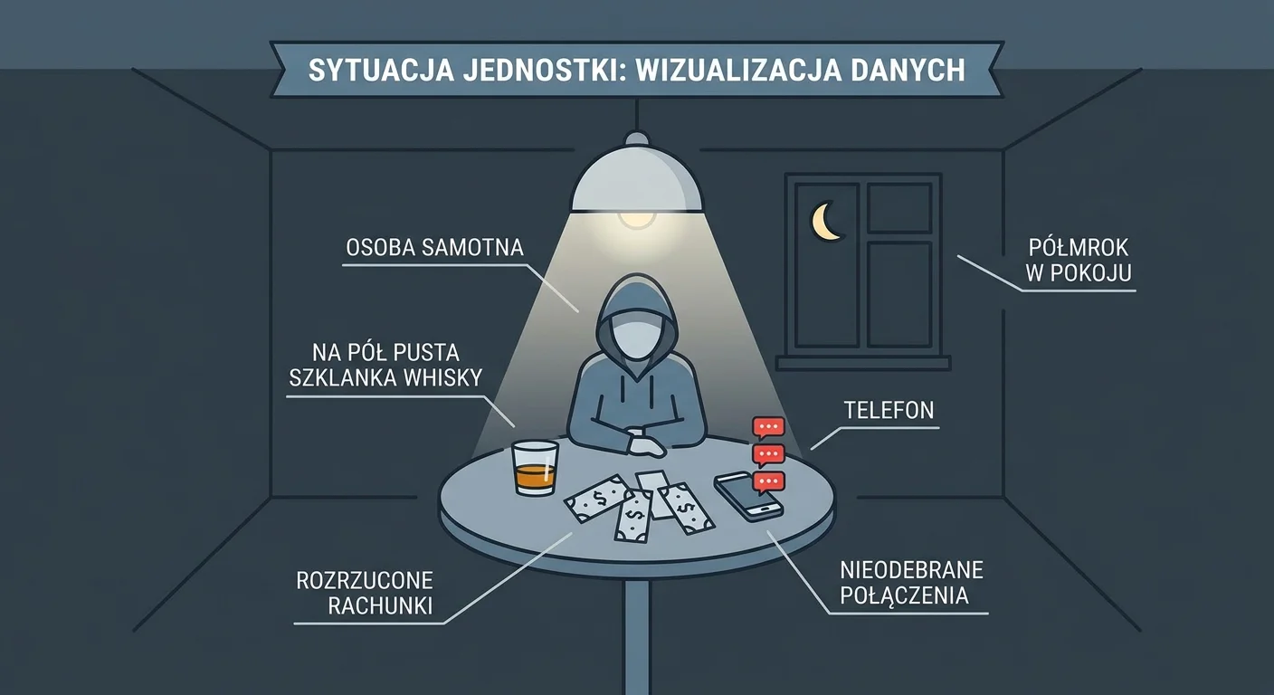 A person sitting alone in a dimly lit room, staring at a half-empty glass of whiskey, with scattered bills and a phone with missed calls on the table.