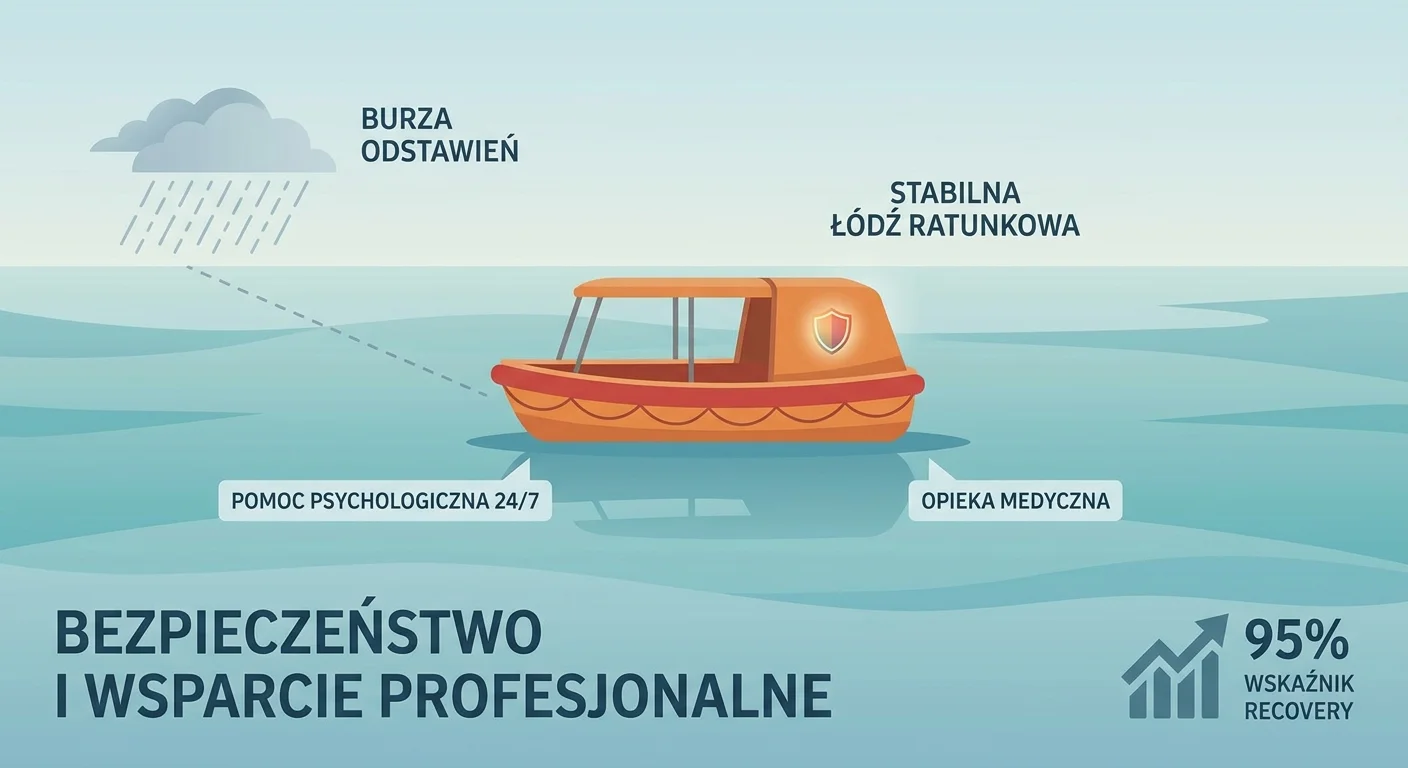 A serene image of a calm body of water with a single, stable lifeboat on it, symbolizing safety and professional support amidst the storm of withdrawal.