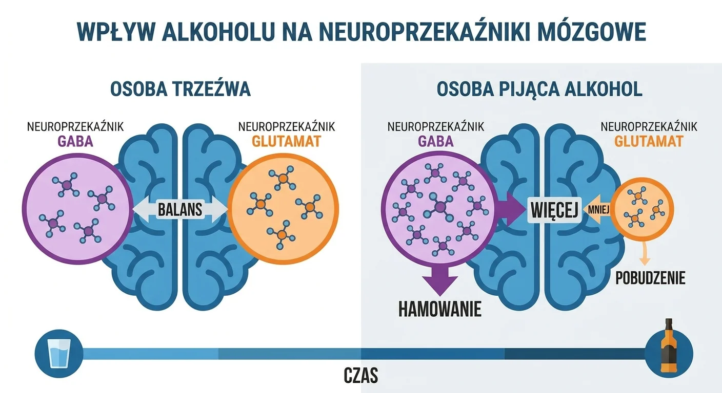 Animacja pokazująca neuroprzekaźniki GABA i Glutamat w mózgu osoby pijącej alkohol w porównaniu do mózgu osoby trzeźwej.