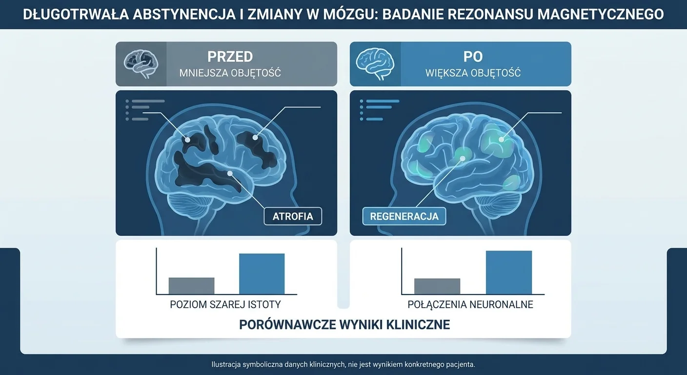 Zdjęcie rezonansu magnetycznego mózgu pokazujące różnicę w objętości przed i po długotrwałej abstynencji.
