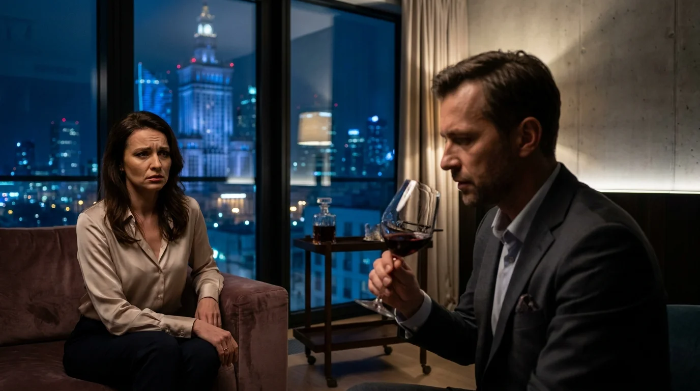 Zmartwiona kobieta i mężczyzna pijący wino w luksusowym apartamencie z widokiem na nocną panoramę Warszawy i Pałac Kultury.