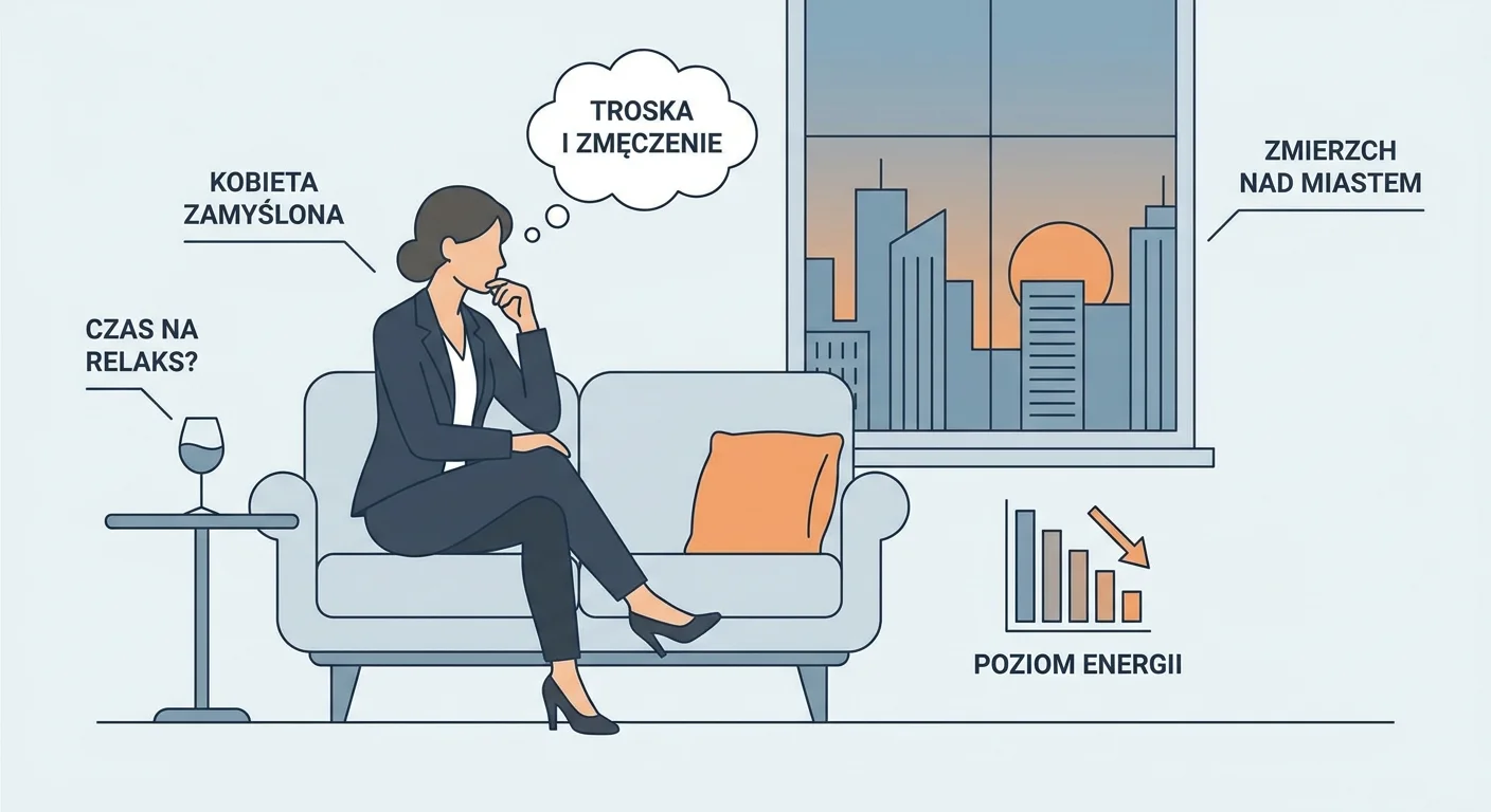 Zamyślona, elegancko ubrana kobieta siedząca na kanapie w salonie. W tle, na stole, stoi kieliszek wina, a za oknem widać panoramę miasta o zmierzchu. Kobieta patrzy w dal, jej twarz wyraża troskę i zmęczenie.
