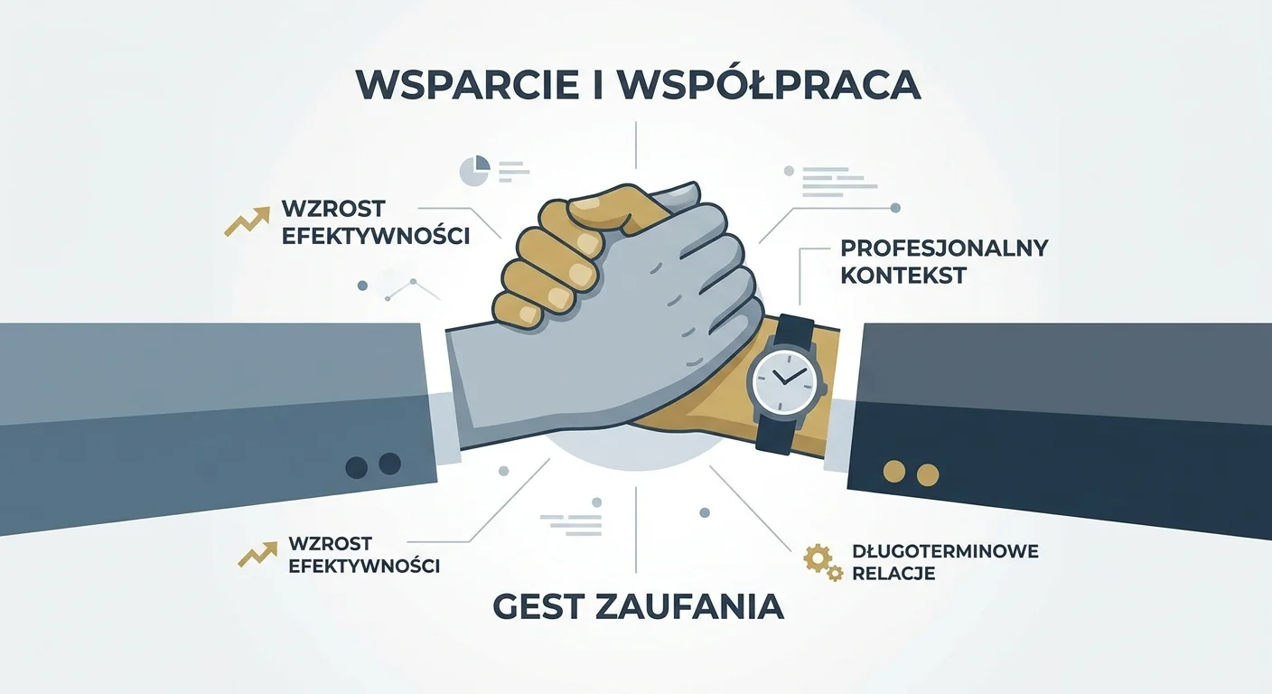 Dwie pary dłoni, jedna mocno trzymająca drugą w geście wsparcia. Tło jest neutralne, skupione na geście. Jedna z osób ma na nadgarstku elegancki zegarek, co sugeruje profesjonalny kontekst.
