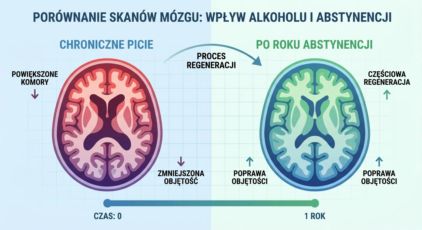 Zdjęcie ukazujące dwa skany mózgu obok siebie. Jeden to mózg osoby pijącej chronicznie, z widocznymi powiększonymi komorami i zmniejszoną objętością. Drugi to mózg tej samej osoby po roku abstynencji, z widoczną częściową regeneracją tkanki mózgowej.