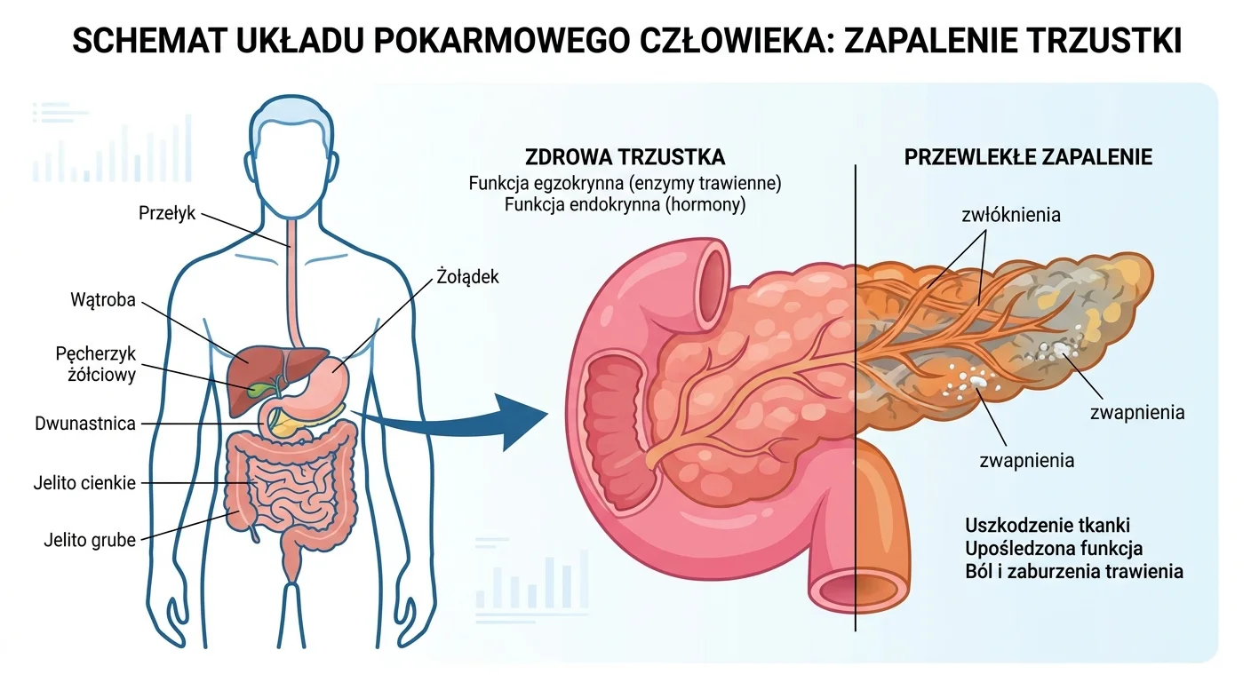 Grafika przedstawiająca schemat układu pokarmowego człowieka, z wyróżnioną i powiększoną trzustką. Jedna połowa trzustki jest zdrowa, różowa, a druga ma widoczne cechy przewlekłego zapalenia - zwłóknienia i zwapnienia.