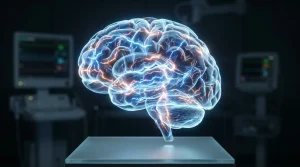Futurystyczny hologram ludzkiego mózgu z widoczną aktywnością elektryczną, przedstawiony w otoczeniu medycznym.