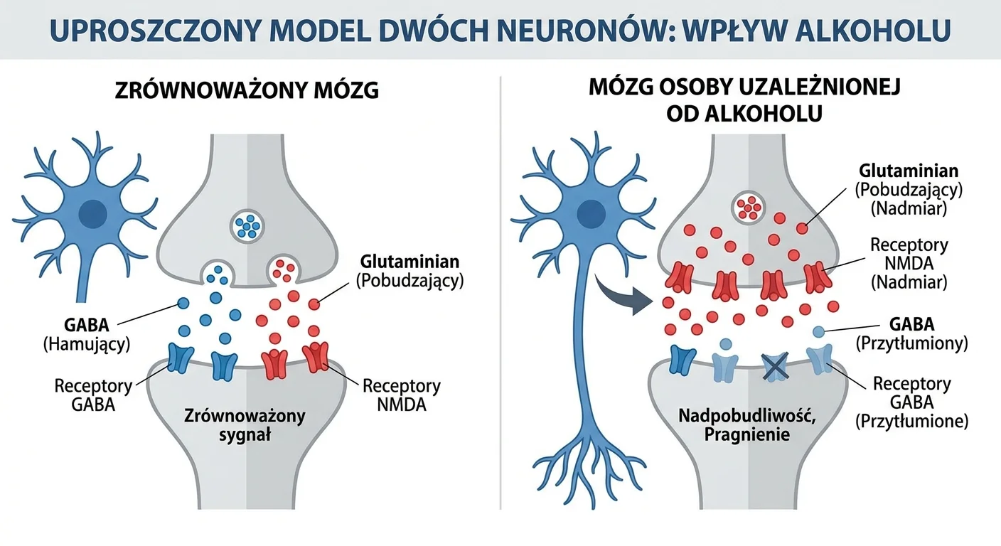 Infografika przedstawiająca uproszczony model dwóch neuronów. Jeden pokazuje zrównoważony poziom neuroprzekaźników GABA (hamujący, kolor niebieski) i Glutaminianu (pobudzający, kolor czerwony). Drugi neuron obrazuje mózg osoby uzależnionej od alkoholu – receptory GABA są przytłumione, a poziom Glutaminianu i jego receptorów jest drastycznie podwyższony, symbolizując stan nadpobudliwości.