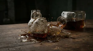 Szklany model serca i trzustki wypełniony ciemnym alkoholem, który wylewa się z przewróconej karafki na drewniany stół.