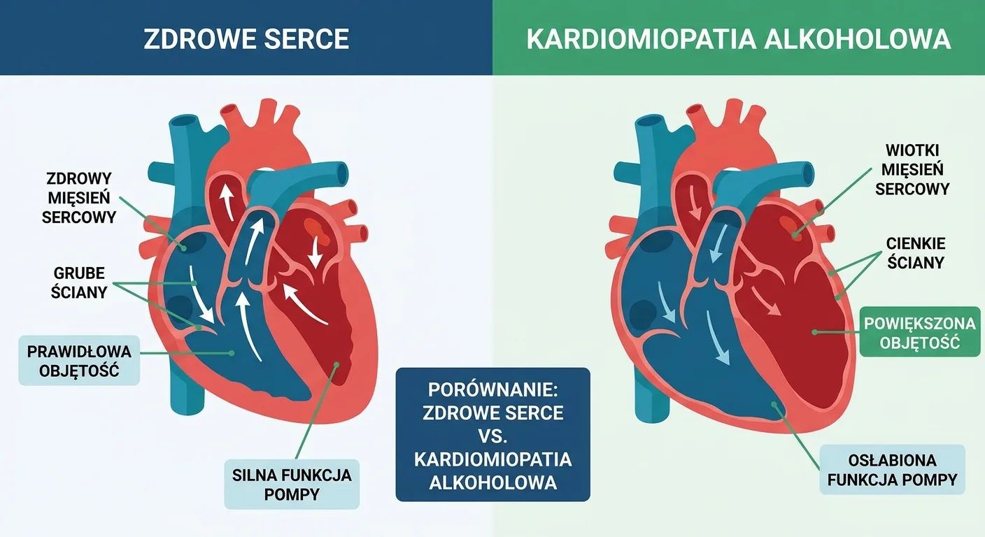 Grafika porównawcza pokazująca przekrój zdrowego serca z grubymi, silnymi ścianami oraz serca z kardiomiopatią alkoholową, które jest powiększone, a jego ściany są cienkie i wiotkie.