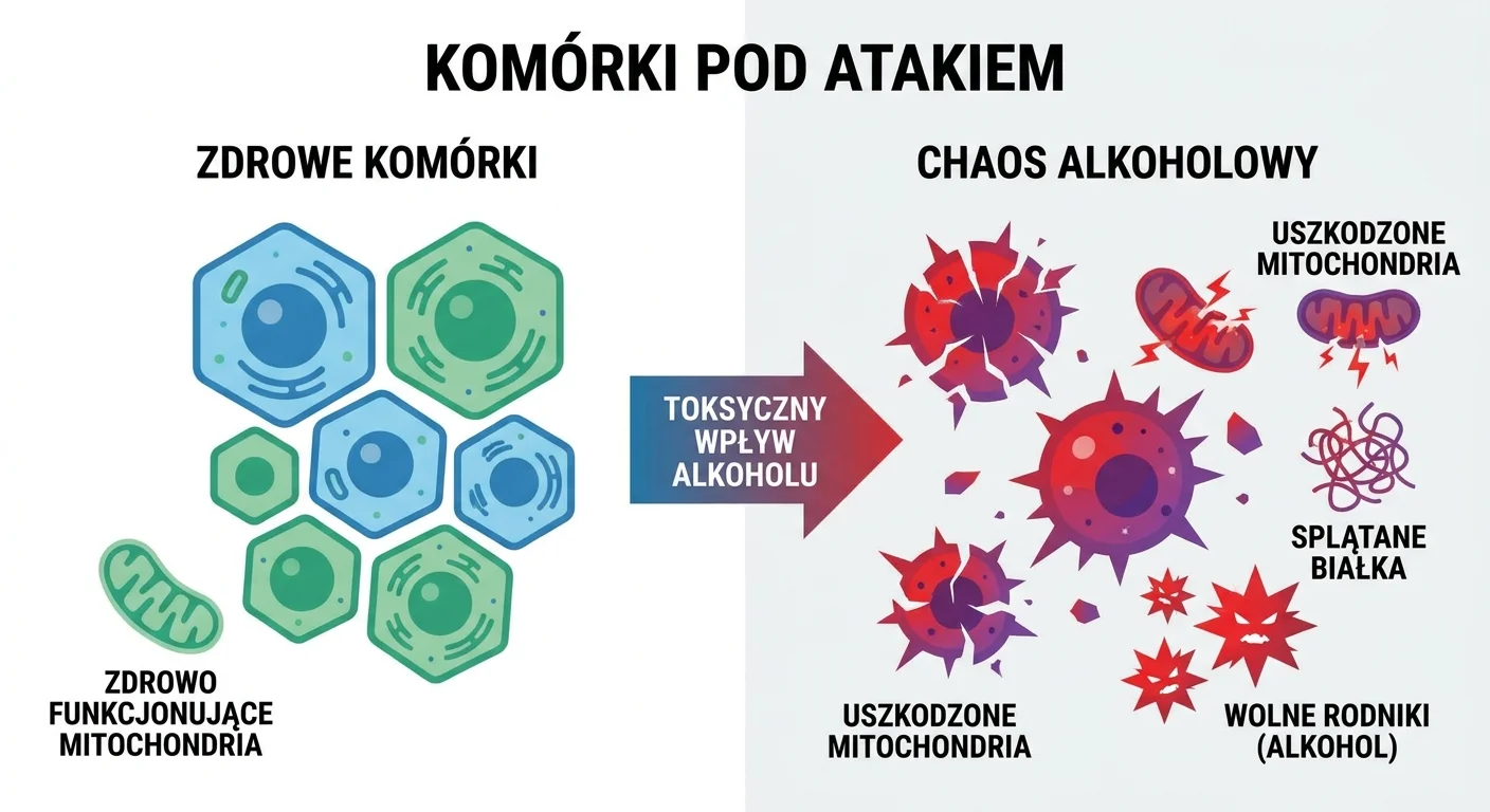 Abstrakcyjna, artystyczna wizualizacja komórek pod atakiem. Po jednej stronie zdrowe, uporządkowane struktury komórkowe, a po drugiej chaos – uszkodzone mitochondria, splątane białka i agresywne cząsteczki wolnych rodników symbolizujące toksyczne działanie alkoholu.