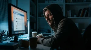 Mężczyzna w kapturze w nocy patrzy zaniepokojony w monitor komputera, szukając informacji o autodiagnozie alkoholizmu.