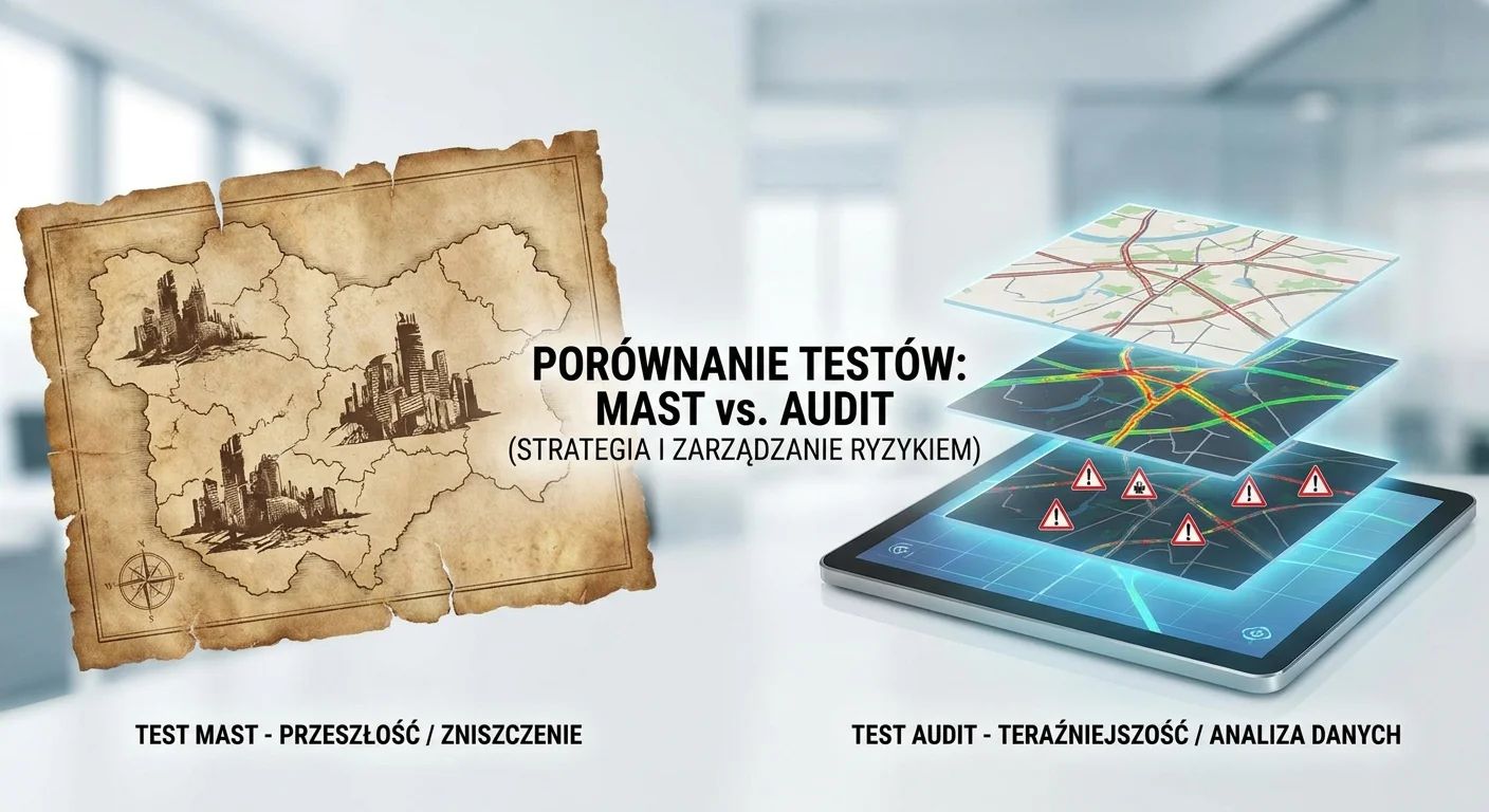 Koncepcyjne zdjęcie przedstawiające dwie różne mapy. Jedna mapa jest stara, w sepii, z zaznaczonymi tylko dużymi, zniszczonymi miastami (symbolizująca Test MAST). Druga mapa jest nowoczesna, cyfrowa, z wieloma warstwami danych, pokazująca drogi, natężenie ruchu i potencjalne zagrożenia (symbolizująca Test AUDIT).