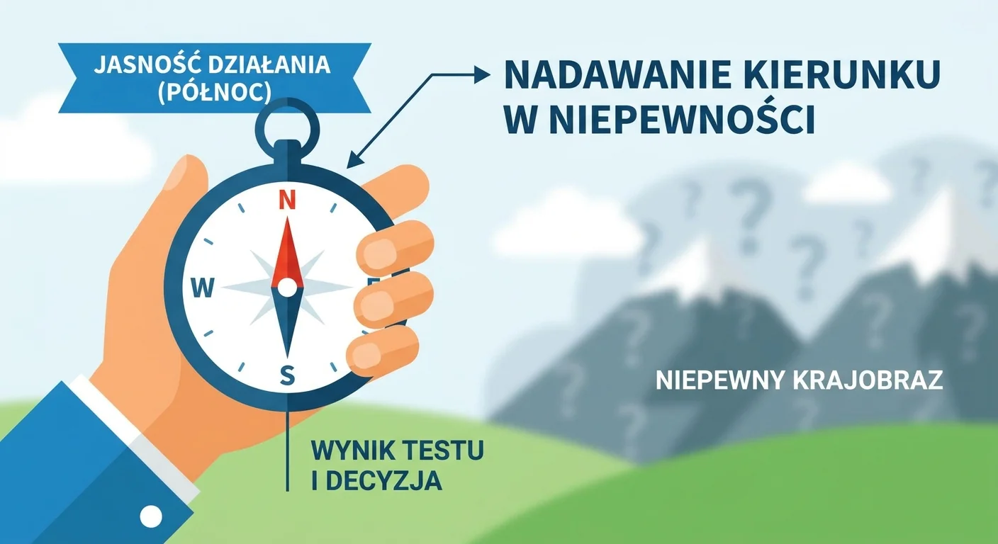 Zdjęcie przedstawiające dłoń trzymającą kompas na tle rozmazanego, niepewnego krajobrazu. Igła kompasu wyraźnie wskazuje północ, symbolizując kierunek i jasność, jaką daje wynik testu i decyzja o podjęciu działania.