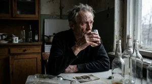 Wyniszczony starszy mężczyzna pije alkohol w zaniedbanej kuchni, z pustymi butelkami na stole.