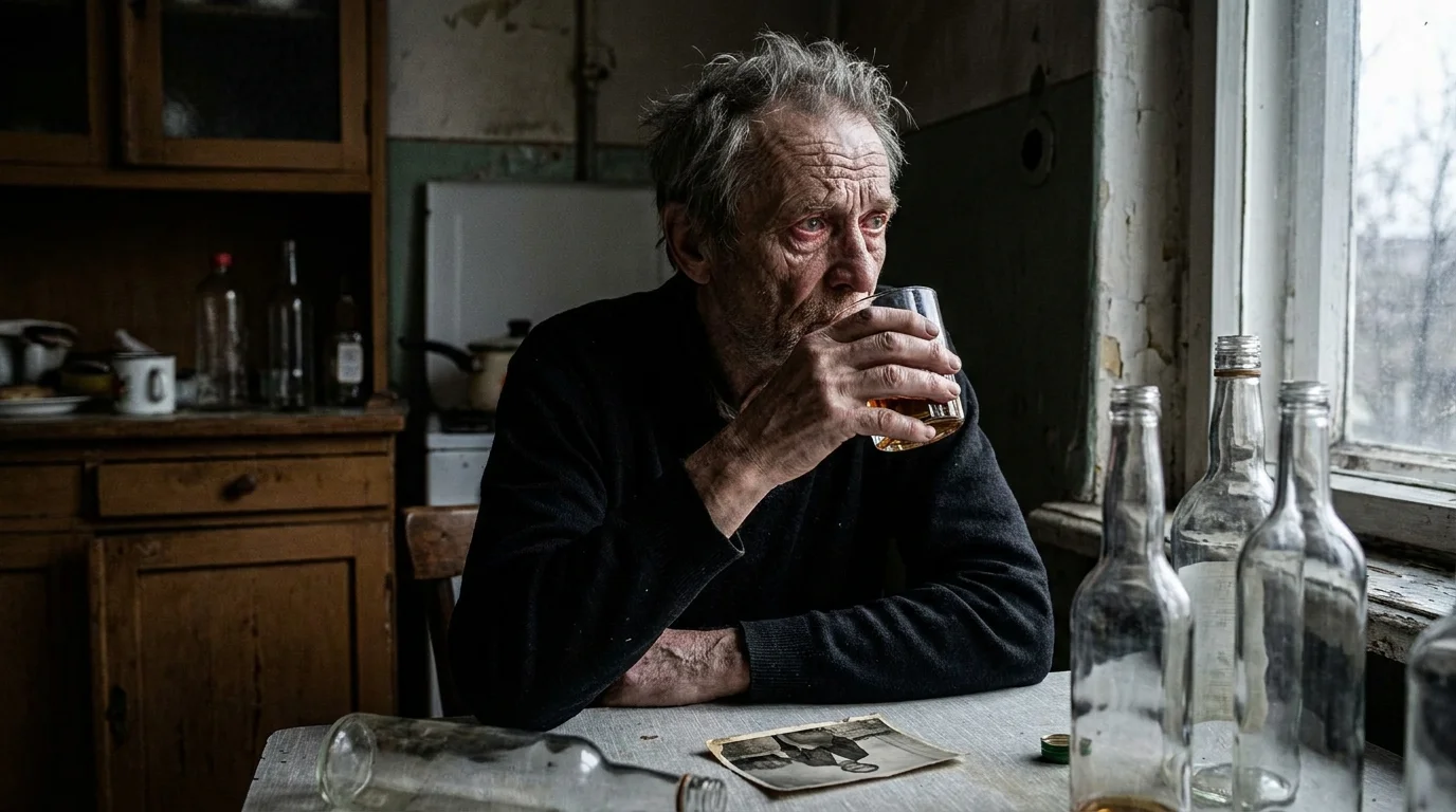 OdoKlinika Poznań. Wszywka Esperal Poznań Klinika terapii uzależnień. Wszywka Esperal, Leczenie alkoholizmu w Poznaniu Wyniszczony starszy mężczyzna pije alkohol w zaniedbanej kuchni, z pustymi butelkami na stole.