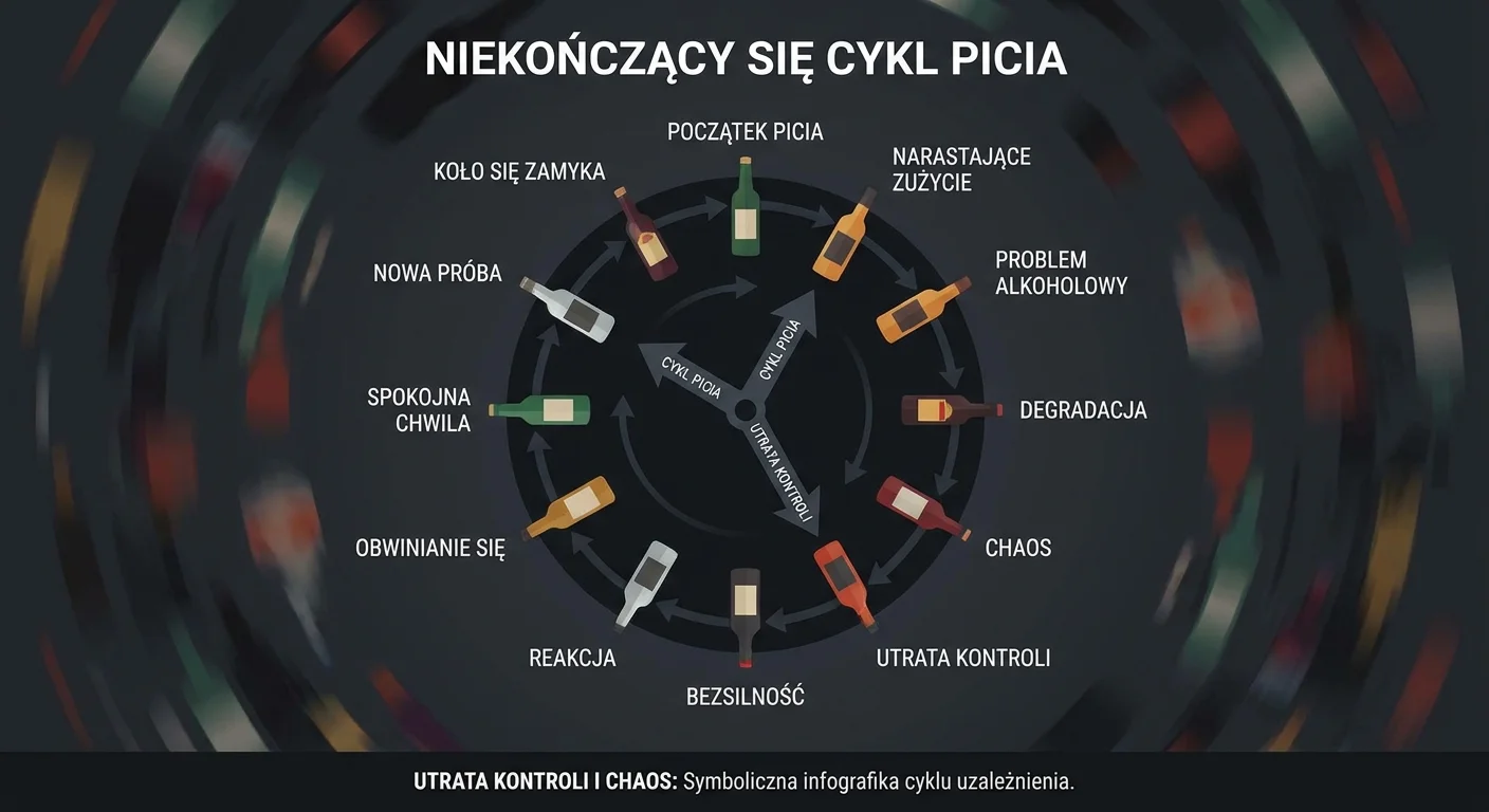 OdoKlinika Poznań. Wszywka Esperal Poznań Klinika terapii uzależnień. Wszywka Esperal, Leczenie alkoholizmu w Poznaniu Mroczny, symboliczny obraz przedstawiający zegar z butelkami zamiast cyfr, wskazujący na niekończący się cykl picia. Tło jest rozmyte, sugerując chaos i utratę kontroli.