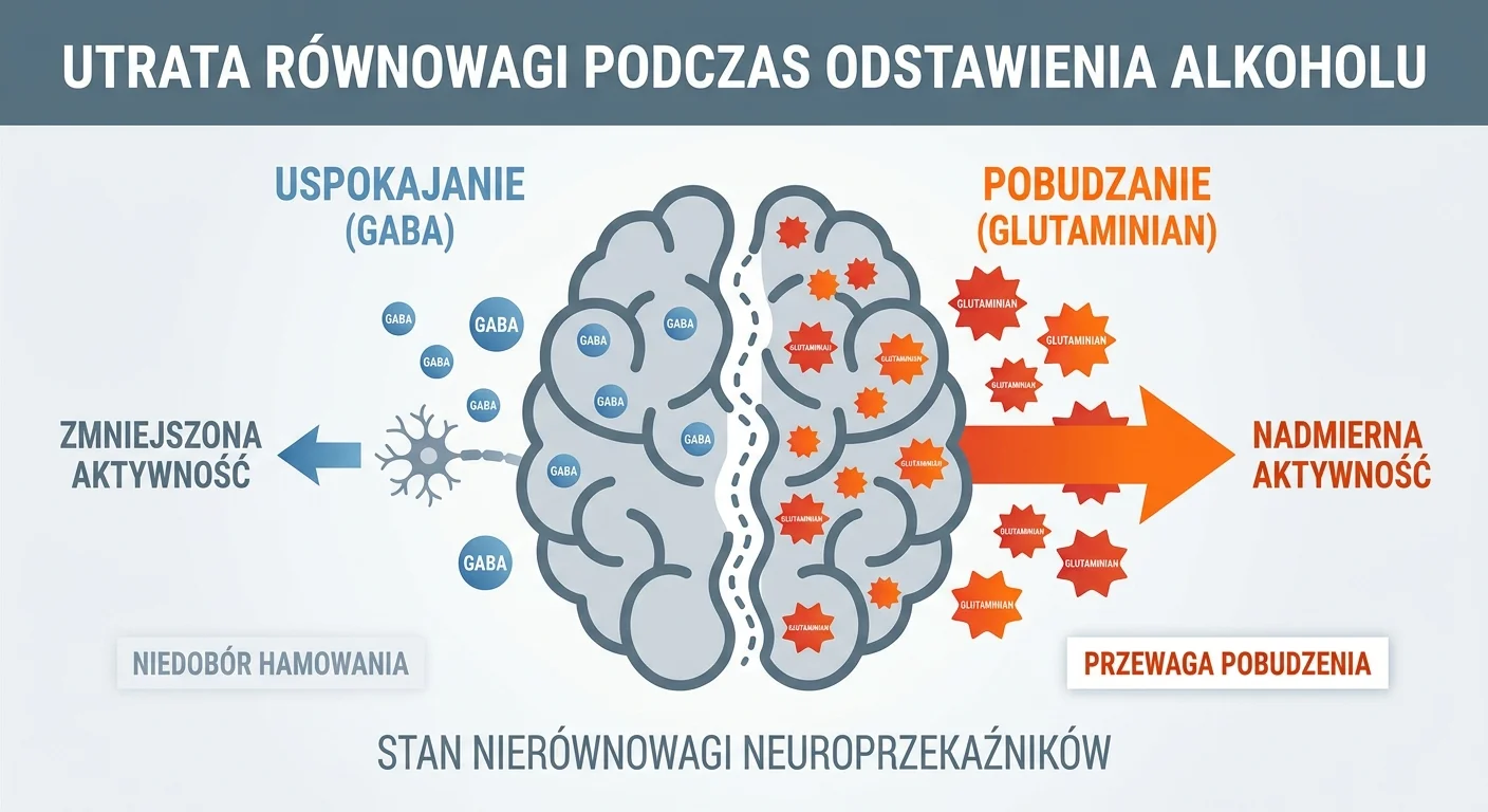 Grafika przedstawiająca schematycznie mózg, z jednej strony uspokajany przez cząsteczki GABA, a z drugiej pobudzany przez glutaminian, ilustrująca utratę równowagi podczas odstawienia alkoholu.