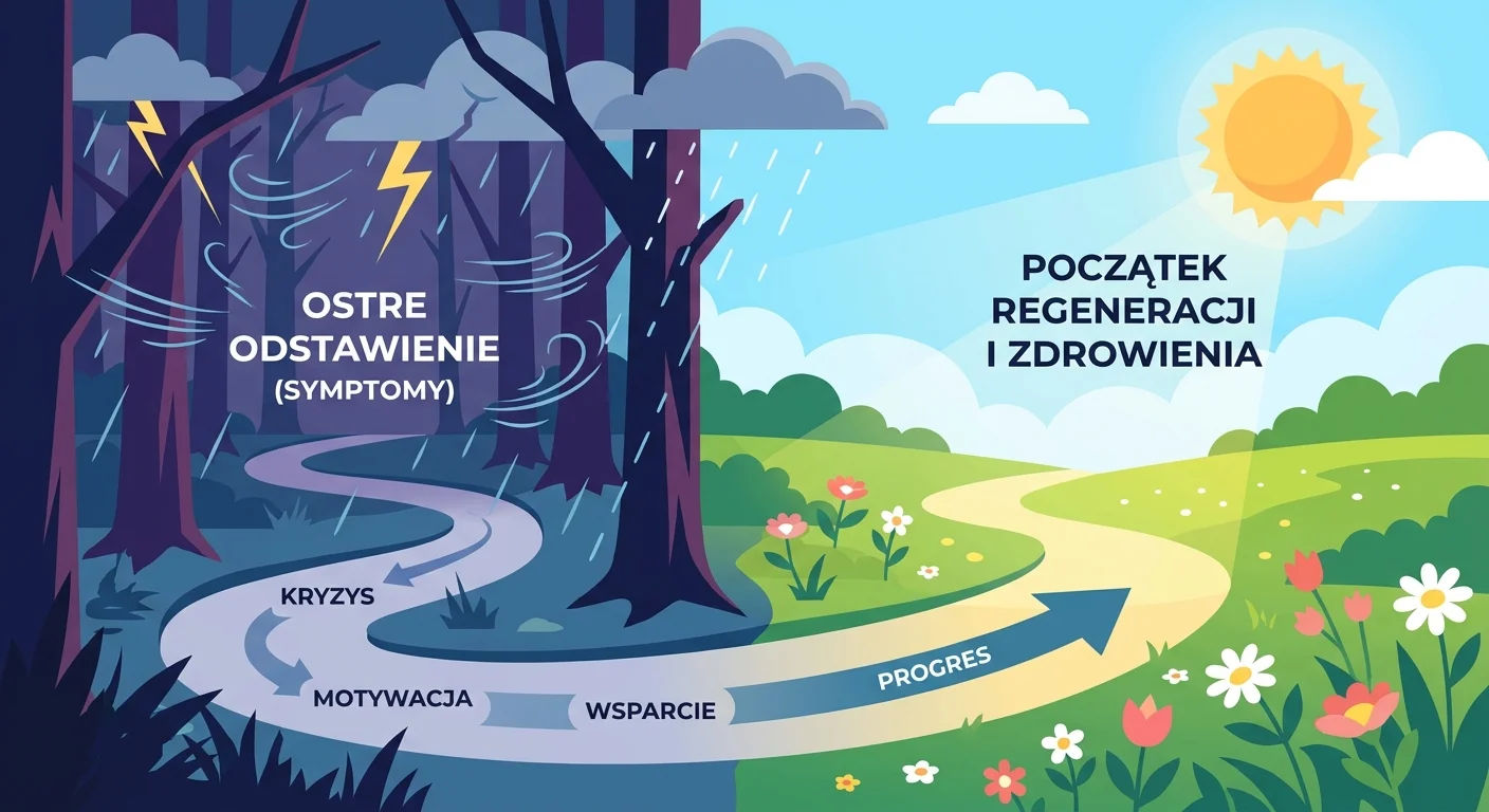 Ilustracja pokazująca ścieżkę z ciemnego, burzowego lasu (symbolizującego ostre odstawienie) wychodzącą na spokojną, słoneczną polanę (symbolizującą początek regeneracji i zdrowienia).