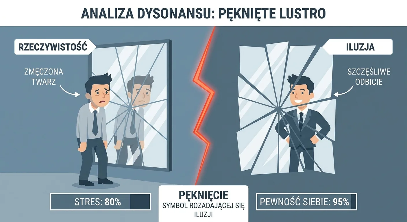 OdoKlinika Poznań. Wszywka Esperal Poznań Klinika terapii uzależnień. Wszywka Esperal, Leczenie alkoholizmu w Poznaniu Pęknięte lustro, w którym odbija się twarz osoby. Jednak odbicie wygląda na szczęśliwe i pewne siebie, podczas gdy prawdziwa osoba patrząca w lustro jest zmęczona i zmartwiona. Pęknięcie symbolizuje rozpadającą się iluzję.