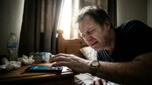 Cierpiący mężczyzna w łóżku sięga po telefon. Na szafce nocnej widać butelki z wodą i chusteczki.