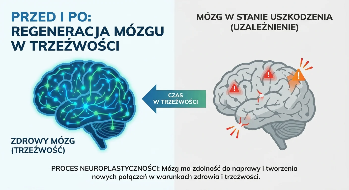 OdoKlinika Poznań. Wszywka Esperal Poznań Klinika terapii uzależnień. Wszywka Esperal, Leczenie alkoholizmu w Poznaniu Infografika porównująca dwa mózgi: jeden z widocznymi, zdrowymi połączeniami neuronowymi, a drugi z przerzedzonymi, uszkodzonymi połączeniami, z podpisem 'Przed i Po: Regeneracja mózgu w trzeźwości'.