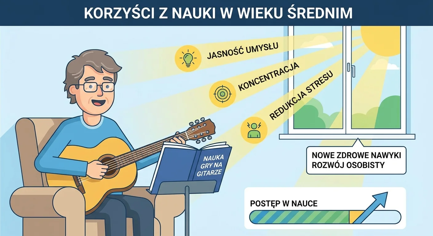 OdoKlinika Poznań. Wszywka Esperal Poznań Klinika terapii uzależnień. Wszywka Esperal, Leczenie alkoholizmu w Poznaniu Stylizowane zdjęcie przedstawiające osobę w średnim wieku, z pogodnym wyrazem twarzy, układającą skomplikowane puzzle lub uczącą się grać na gitarze, z promieniami słońca wpadającymi przez okno, symbolizujące jasność umysłu i nowe, zdrowe nawyki.