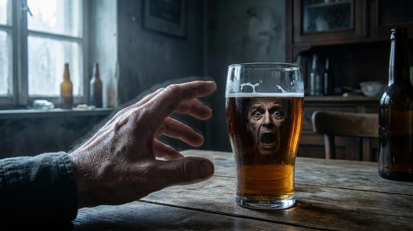 OdoKlinika Poznań. Wszywka Esperal Poznań Klinika terapii uzależnień. Wszywka Esperal, Leczenie alkoholizmu w Poznaniu Ręka sięgająca po szklankę piwa, w której wnętrzu widoczna jest krzycząca, przerażona twarz mężczyzny.