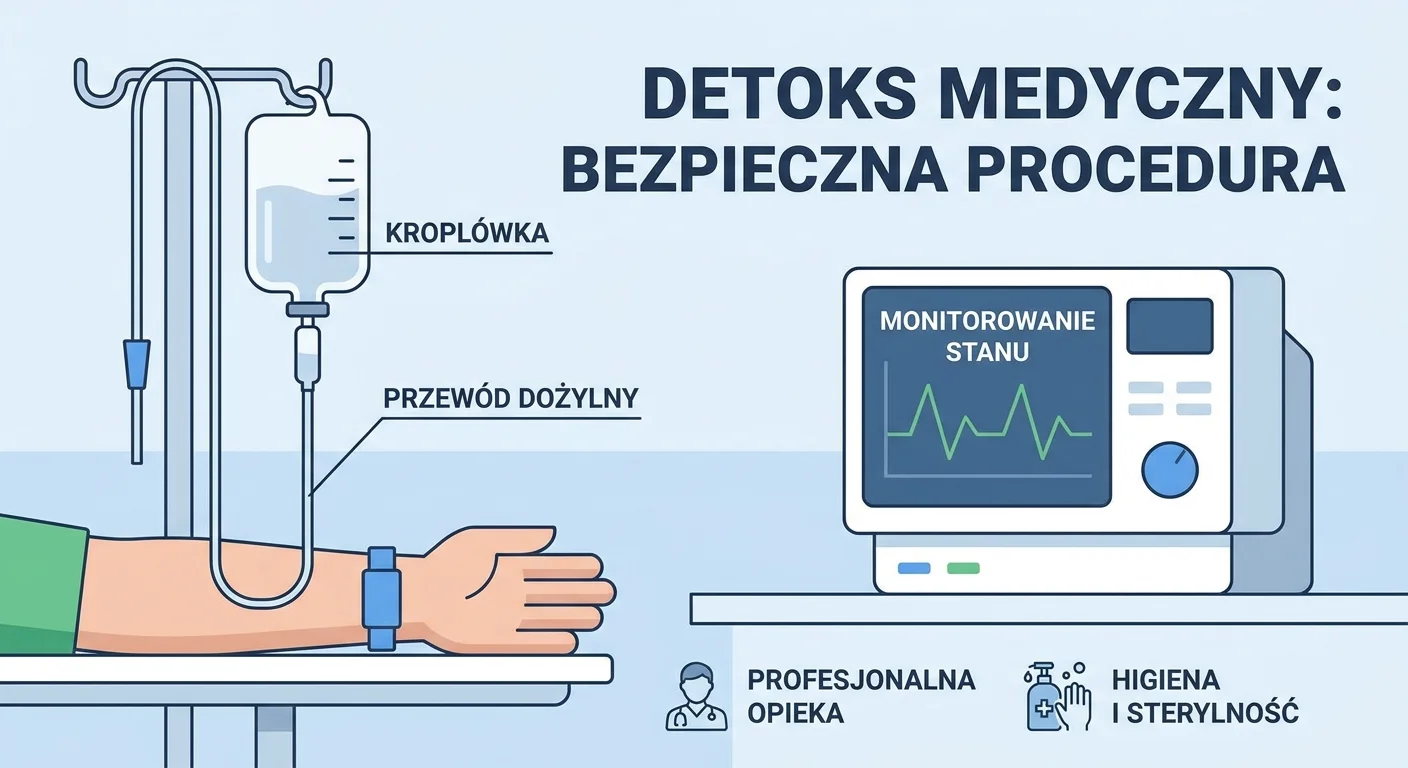 OdoKlinika Poznań. Wszywka Esperal Poznań Klinika terapii uzależnień. Wszywka Esperal, Leczenie alkoholizmu w Poznaniu A sterile, clinical environment showing an IV drip bag connected to a patient's arm, representing a professional medical detox procedure. The focus is on the medical equipment, not the patient's face, to maintain anonymity and emphasize safety.
