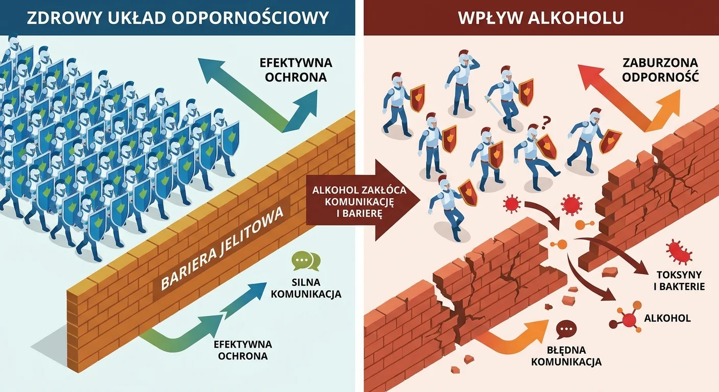 OdoKlinika Poznań. Wszywka Esperal Poznań Klinika terapii uzależnień. Wszywka Esperal, Leczenie alkoholizmu w Poznaniu Dynamiczna ilustracja porównująca zdrowy układ odpornościowy z komórkami-żołnierzami maszerującymi w zorganizowanym szyku, do układu odpornościowego pod wpływem alkoholu, gdzie komórki są rozproszone, zdezorientowane, a bariera jelitowa jest przedstawiona jako walący się mur.