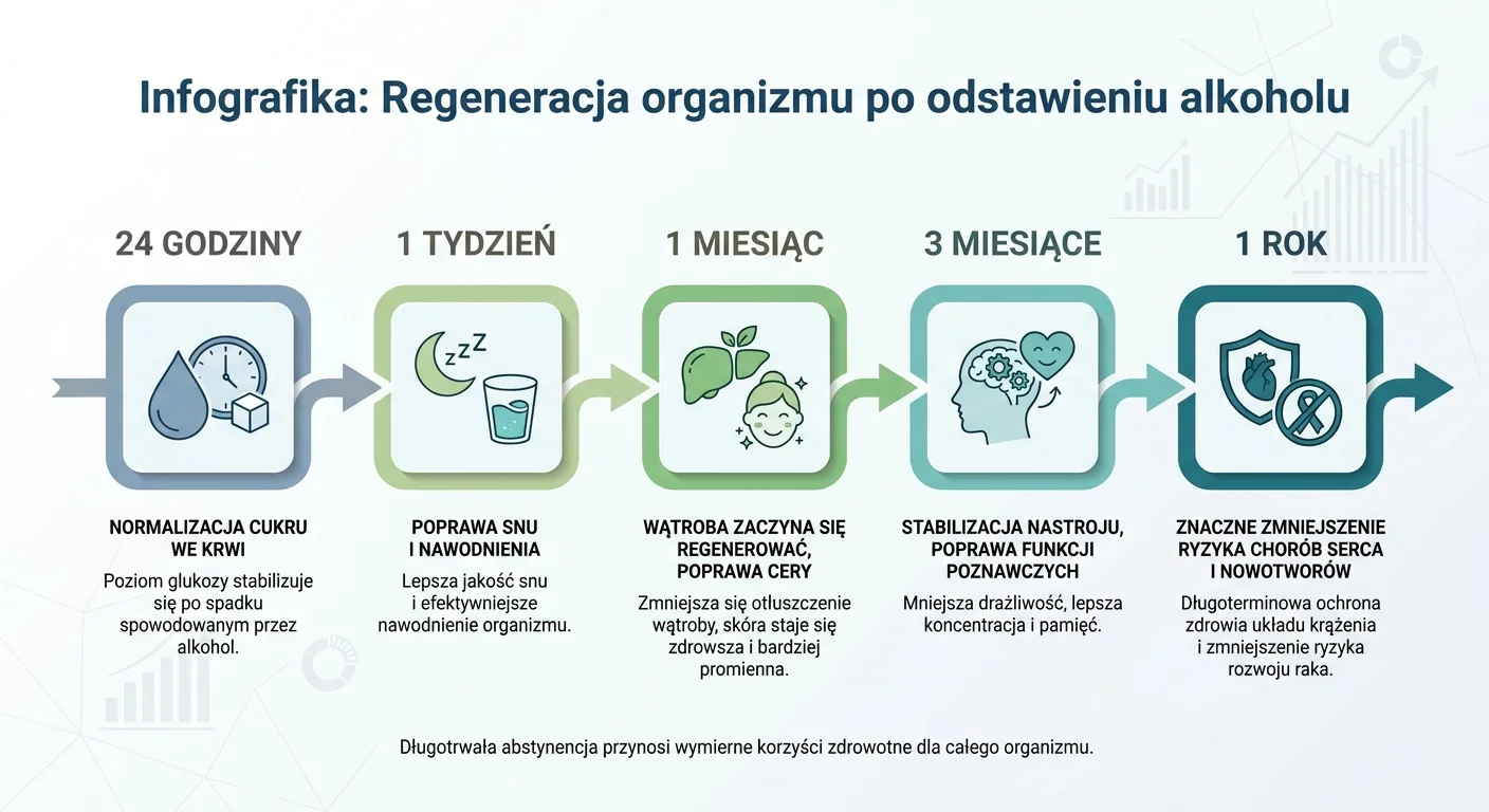 OdoKlinika Poznań. Wszywka Esperal Poznań Klinika terapii uzależnień. Wszywka Esperal, Leczenie alkoholizmu w Poznaniu Infografika przedstawiająca oś czasu regeneracji organizmu po odstawieniu alkoholu. Etapy: 24 godziny (normalizacja cukru we krwi), 1 tydzień (poprawa snu i nawodnienia), 1 miesiąc (wątroba zaczyna się regenerować, poprawa cery), 3 miesiące (stabilizacja nastroju, poprawa funkcji poznawczych), 1 rok (znaczne zmniejszenie ryzyka chorób serca i nowotworów).